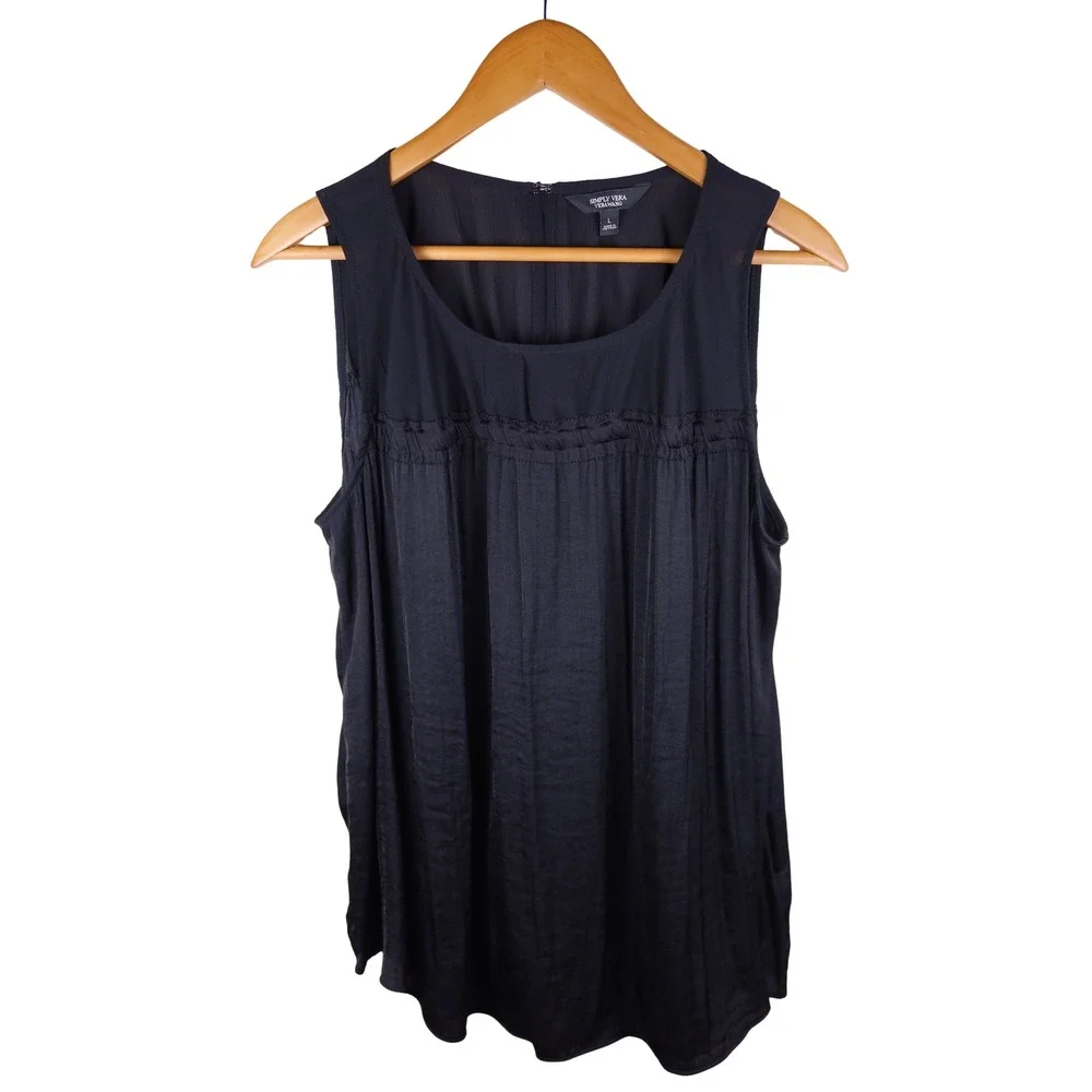 Simply Vera Vera Wang Black Satin Pleated Sleeveless Blouse Size Large L